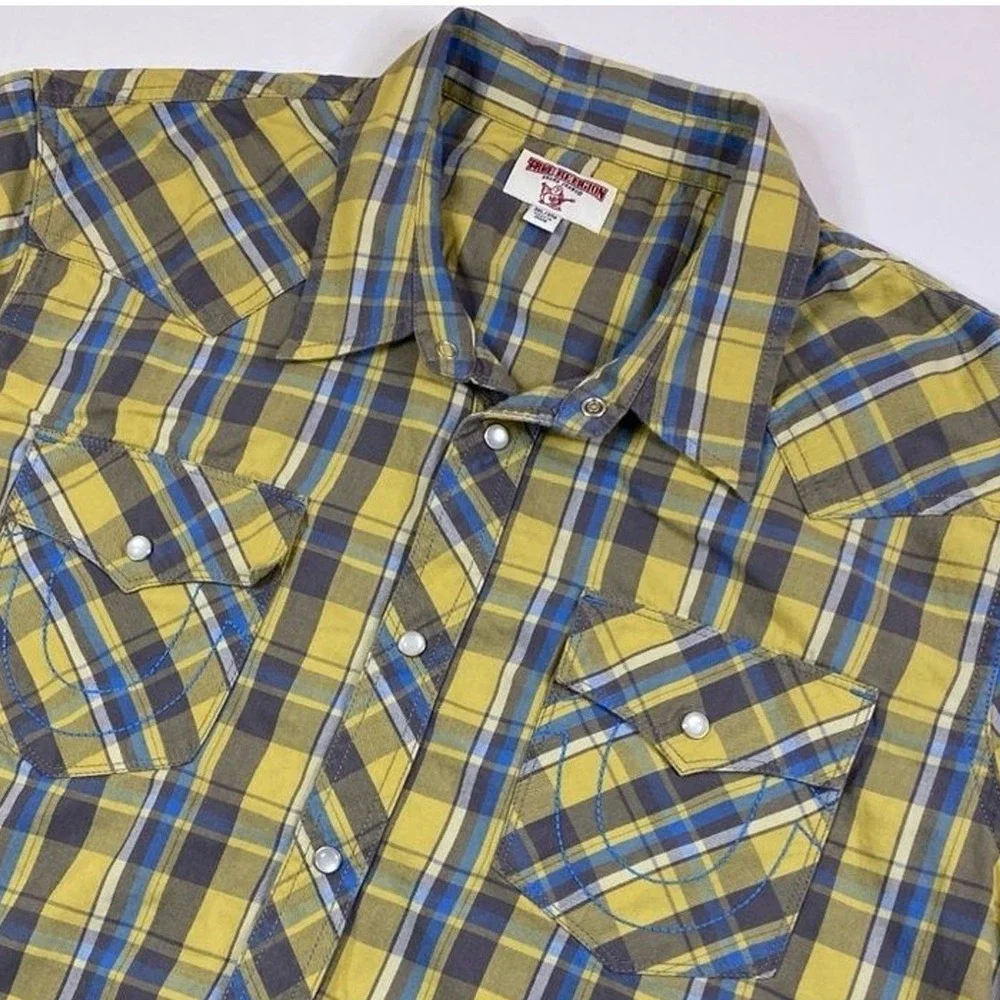 True Religion Western Pearl Snap Shirt Men's 3XL Short Sleeve Plaid‎ Cowboy
